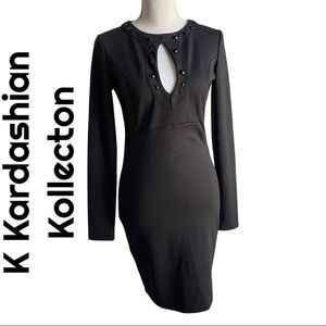 K KARDASHIAN KOLLECTION long sleeve bodycon knee length dress w/ jewel accents